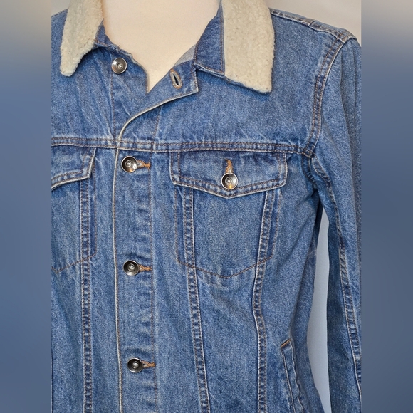 Vtg Hollywood Men's Sherpa Collar Jean Jacket Western Denim Wash trucker Chore M - Picture 8 of 9